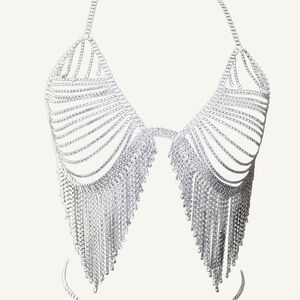 Sparkling Rhinestone Tassel Halter Top Chest Chain Bra Adjustable Club Bikini